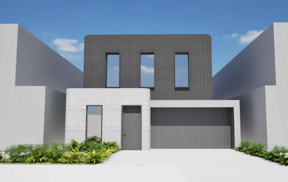 Modern two-story house with garden and garage