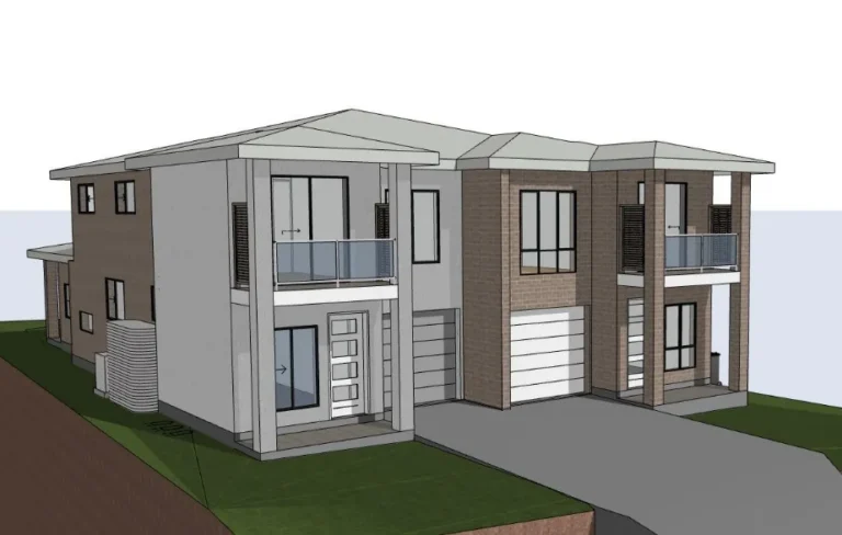 Modern duplex with garages and balconies.