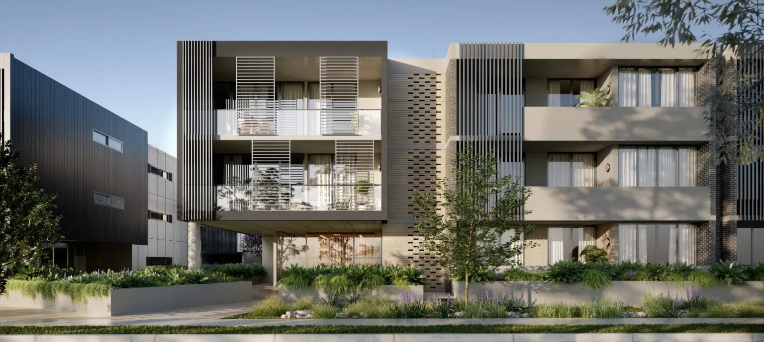 Modern apartment building with landscaped garden